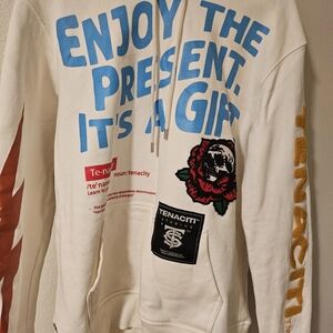 Tenaciti Mens Medium Hoodie White Graphic Hoodie with  Embrodiered Patches